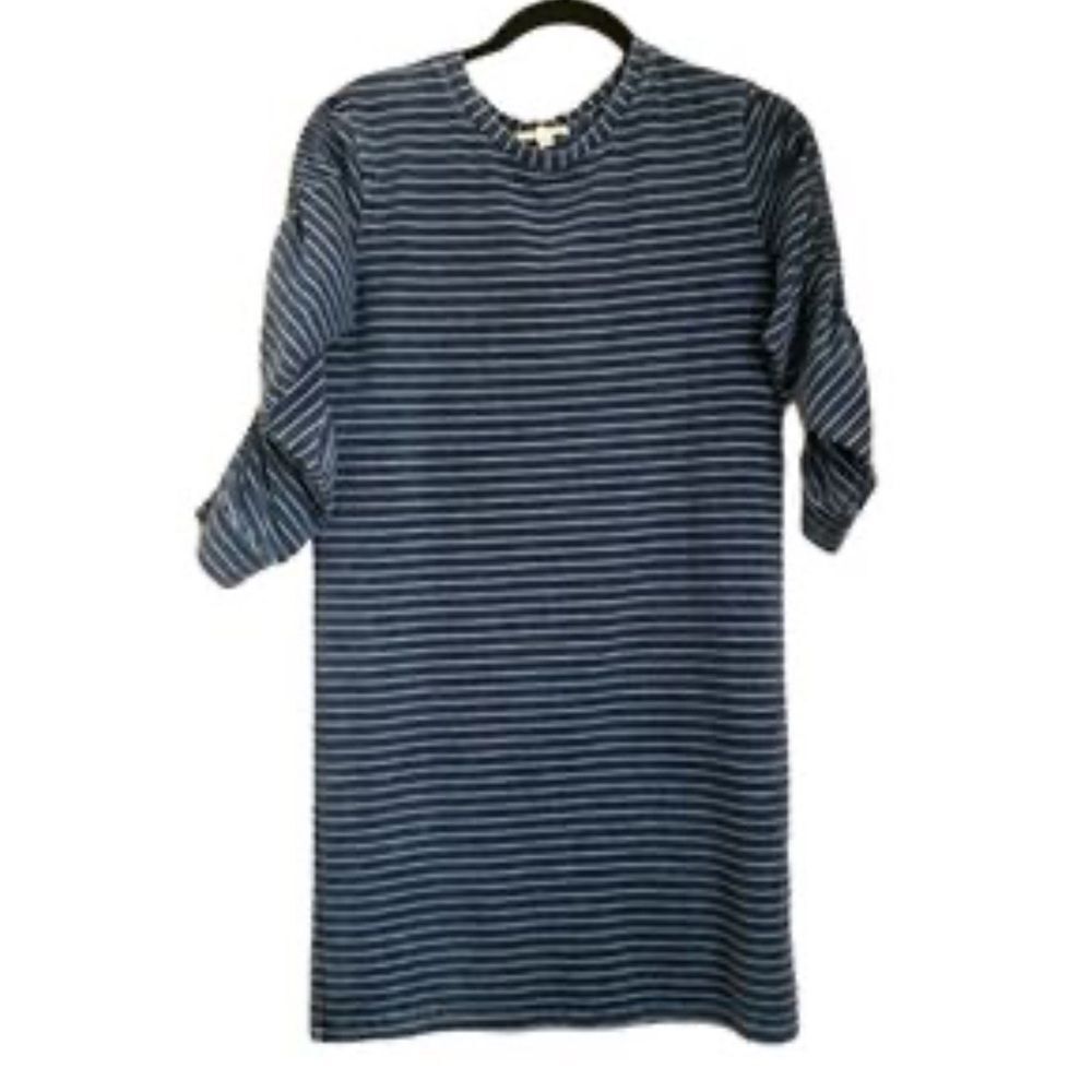 Jane and Delancey Navy White Stripe Stretch Tee Shirt Dress Ruched Arms M NWT